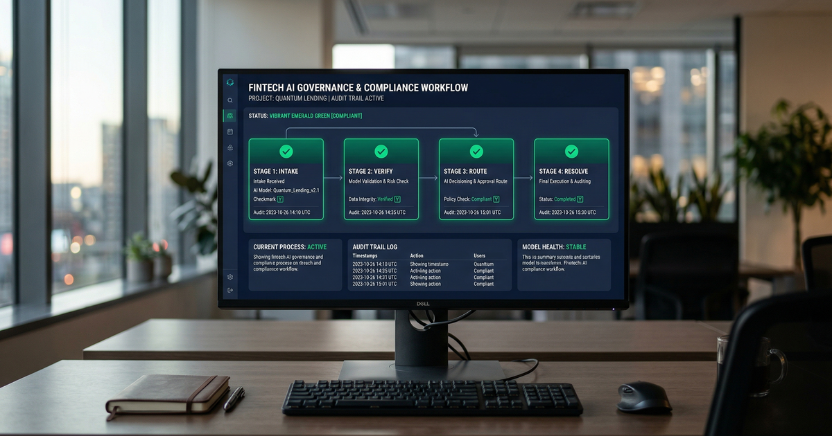 Fintech AI governance workflow — intake, verify, route, resolve with compliance checkpoints