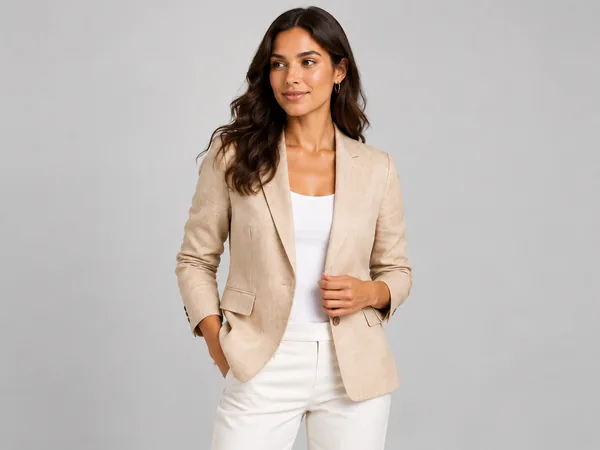 Sand linen blazer photographed against a neutral studio backdrop