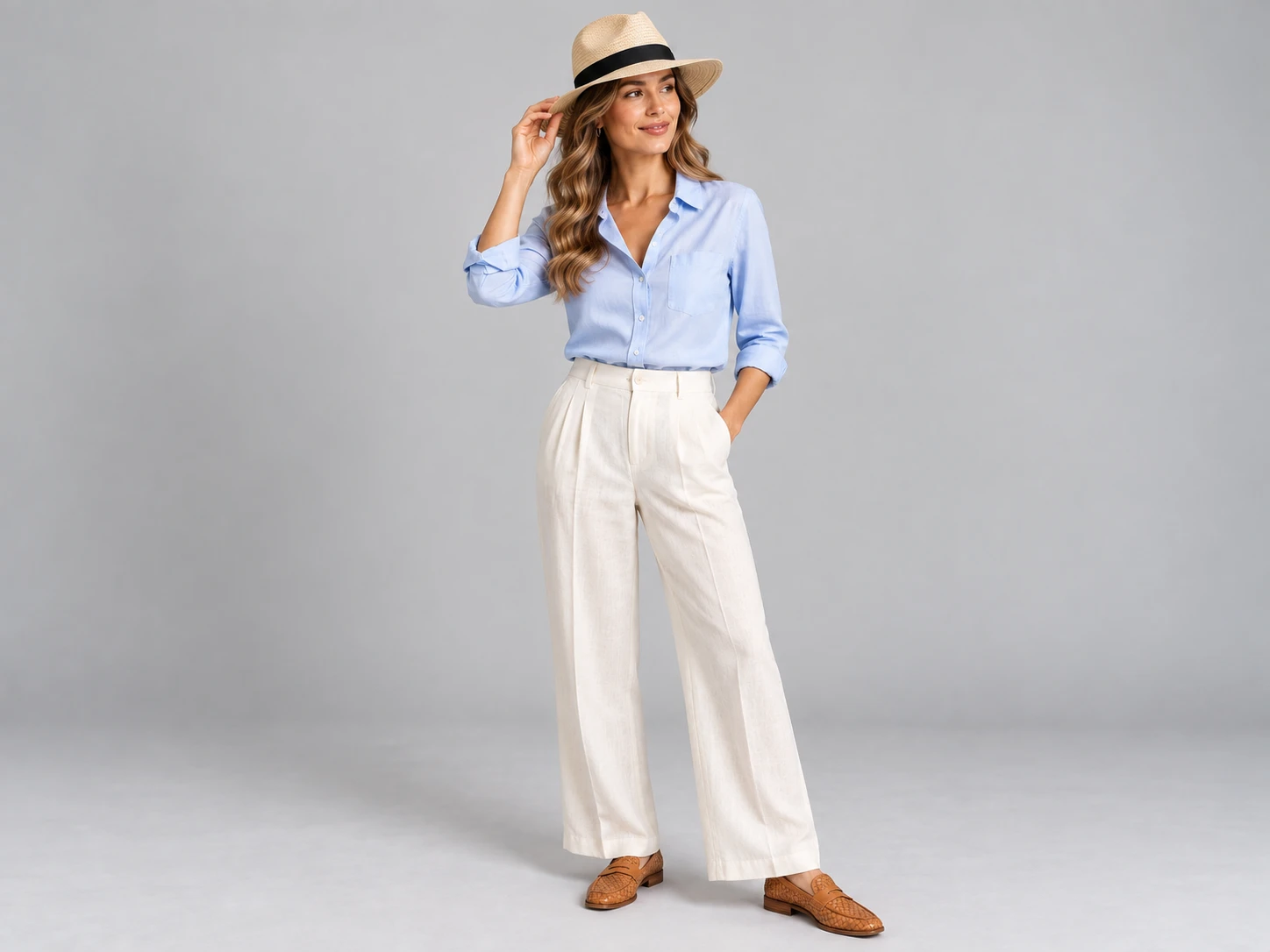 Ivory linen trousers photographed against a neutral studio backdrop