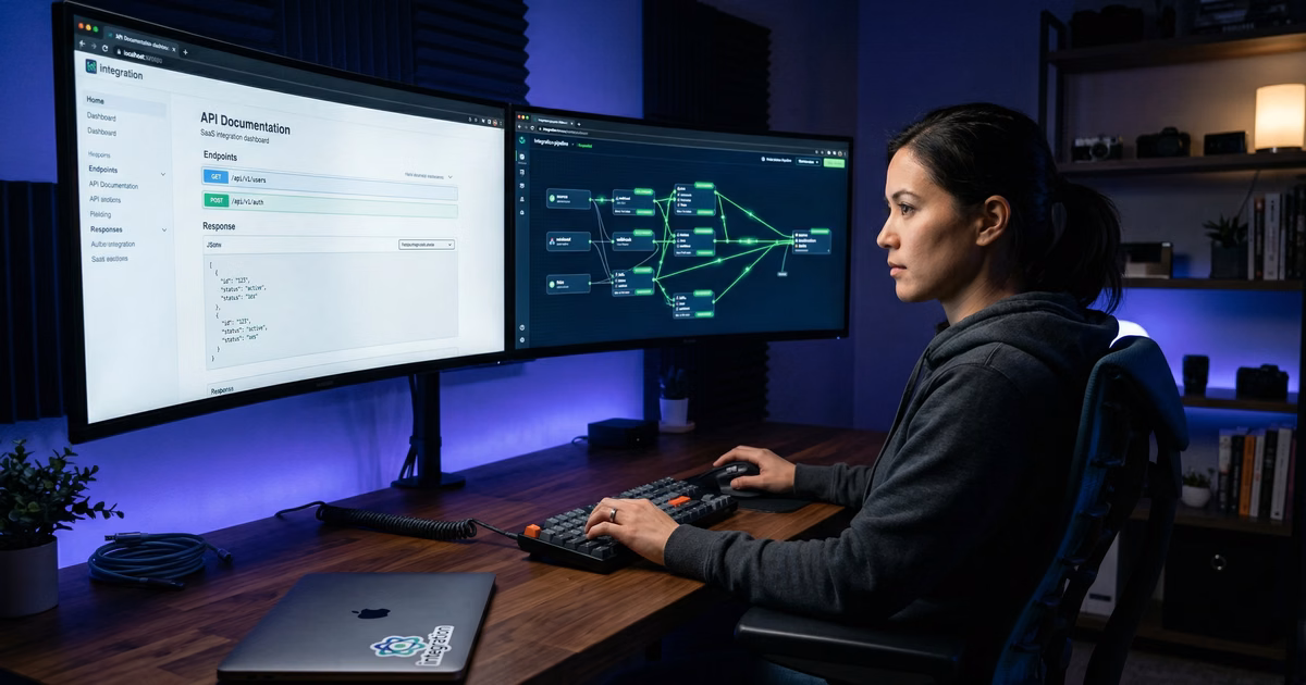 API and MCP integration setup with webhook connector cards on a developer workstation