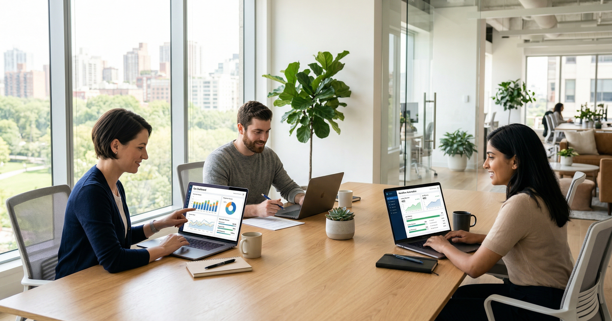 Operations team reviewing automation results and metrics in a modern office