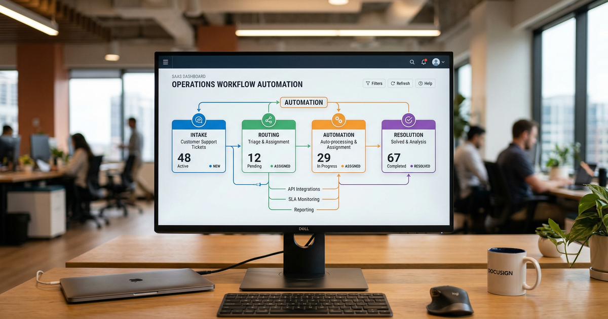 Operations workflow diagram showing intake, routing, automation and resolution stages
