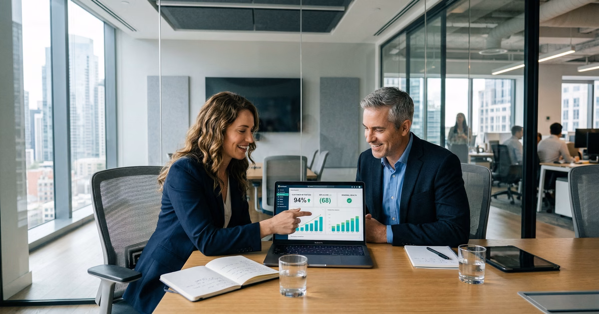 Customer success manager and client reviewing retention metrics and renewal results together